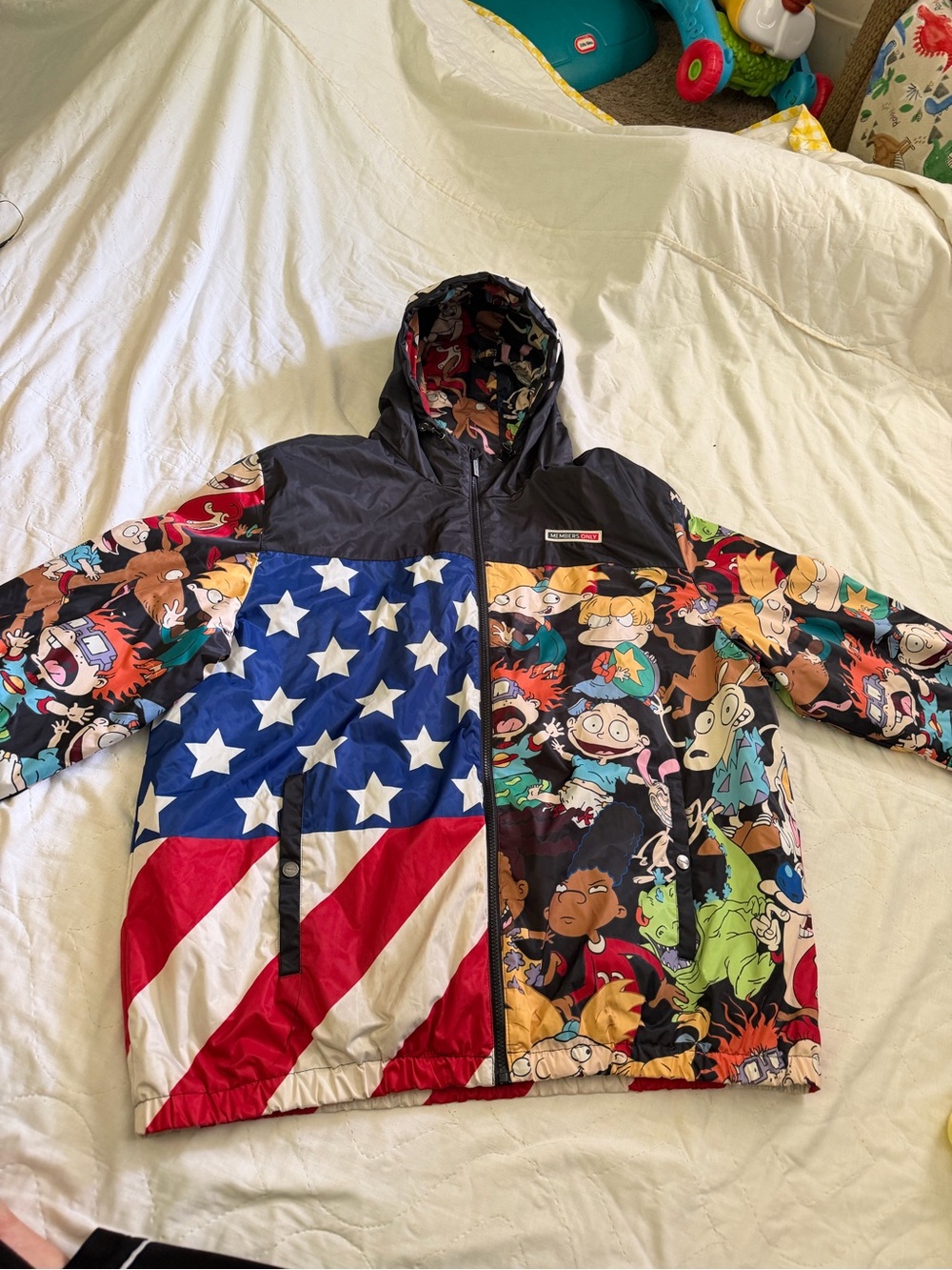 Members Only Rugrats Black Hooded Nylon Jacket with Cartoon Lining